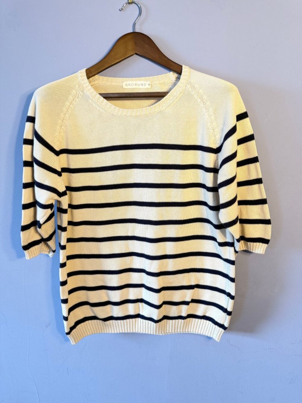 Grobund Inga Blue Stripe Knit Top XL Organic Cotton 3/4 Sleeve